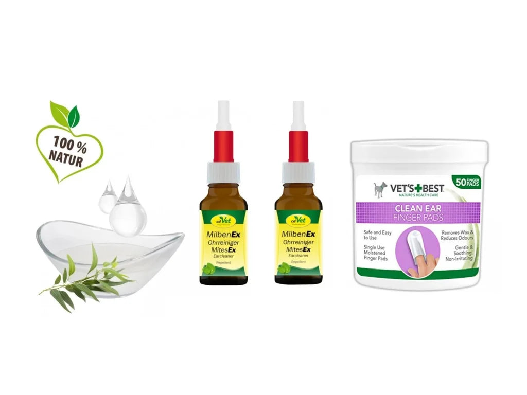 Kompletní péče o uši – set 2 čističe uší cdVet + vlhčené ubrousky