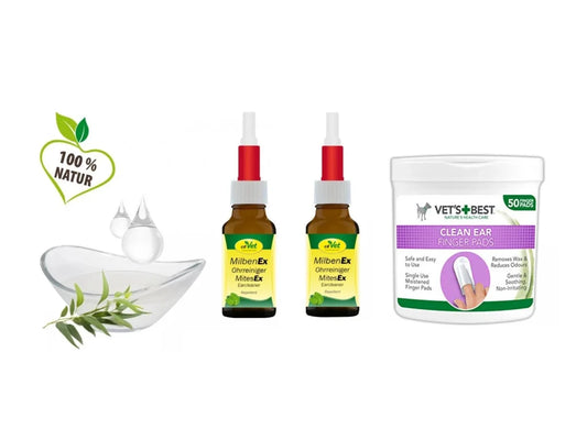 Kompletní péče o uši – set 2 čističe uší cdVet + vlhčené ubrousky